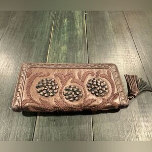 Brow Faux Leather FlyNow Zip Around Long Wallet with Tassel Zipper Pull